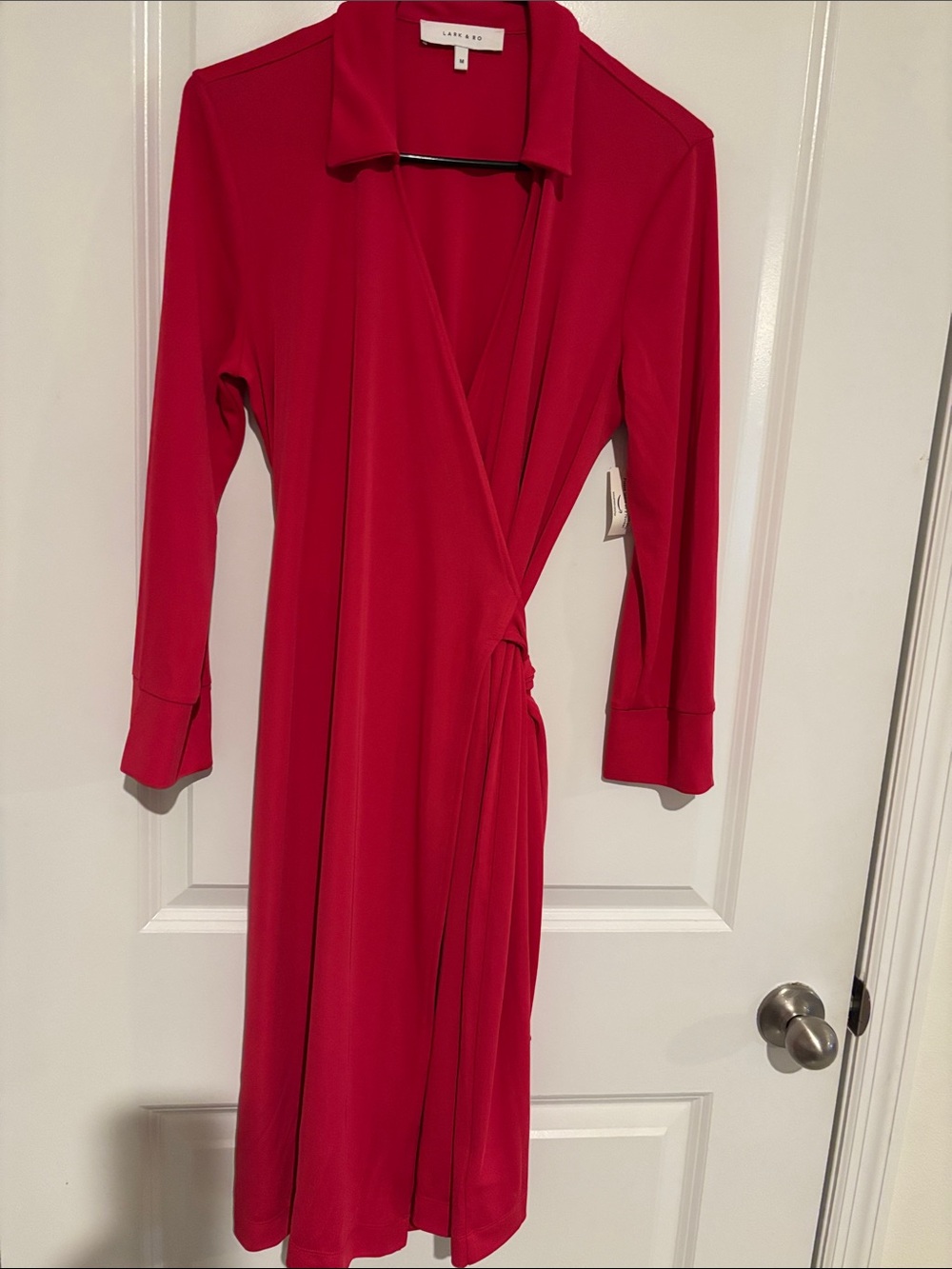 Lark & Ro Bright Red Wrap Midi Dress with Long Sleeves
